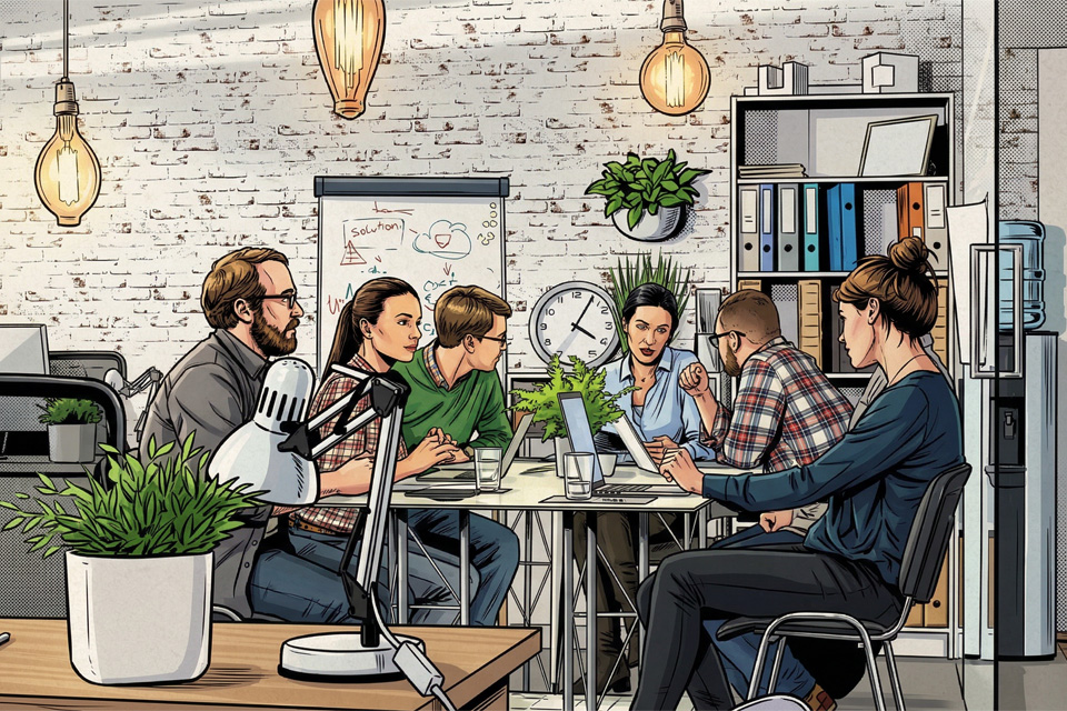 Six people in a meeting styled like a comic book panel