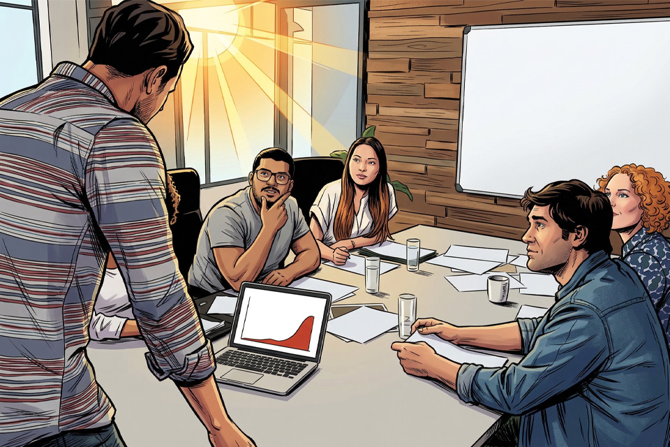 People sitting around a table in a conference room stylized like a comic book panel.